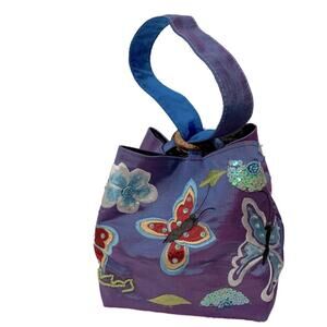 Silk bucket purse with embroidered butterflies, iridescent blueish purple